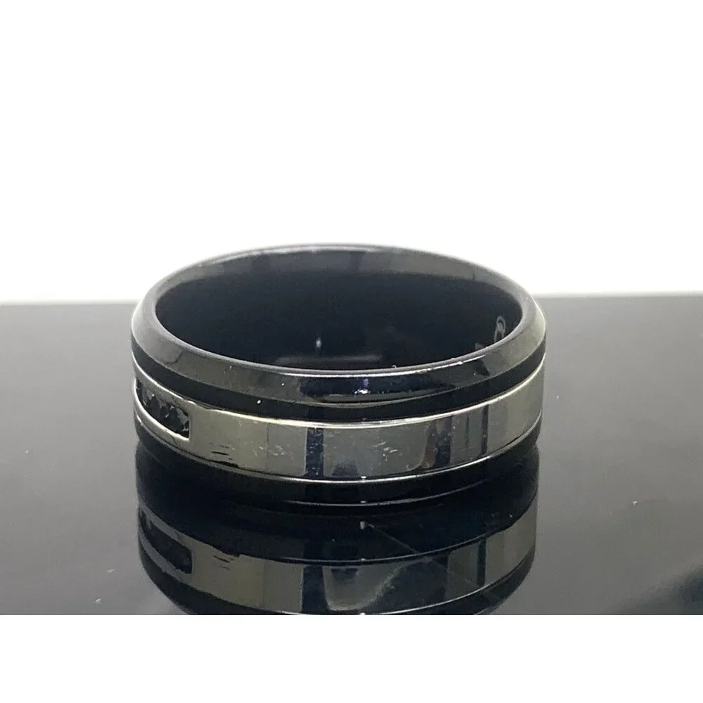 Men's Wedding Band Stainless Steel Black Gemstones 8.8mm Wide Ring Size 11.5